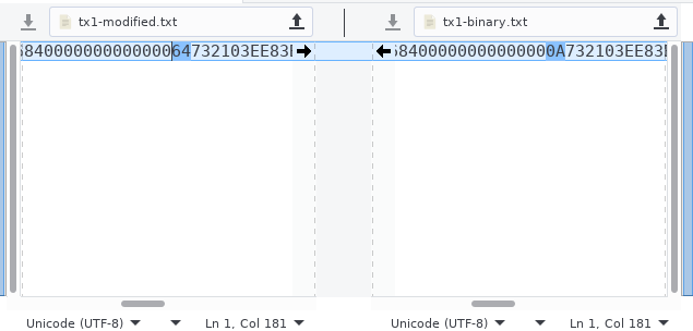 Meld screenshot showing the 0A / 64 difference