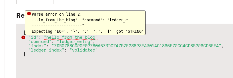 Red mark and tooltip indicating where a JSON syntax error occurs