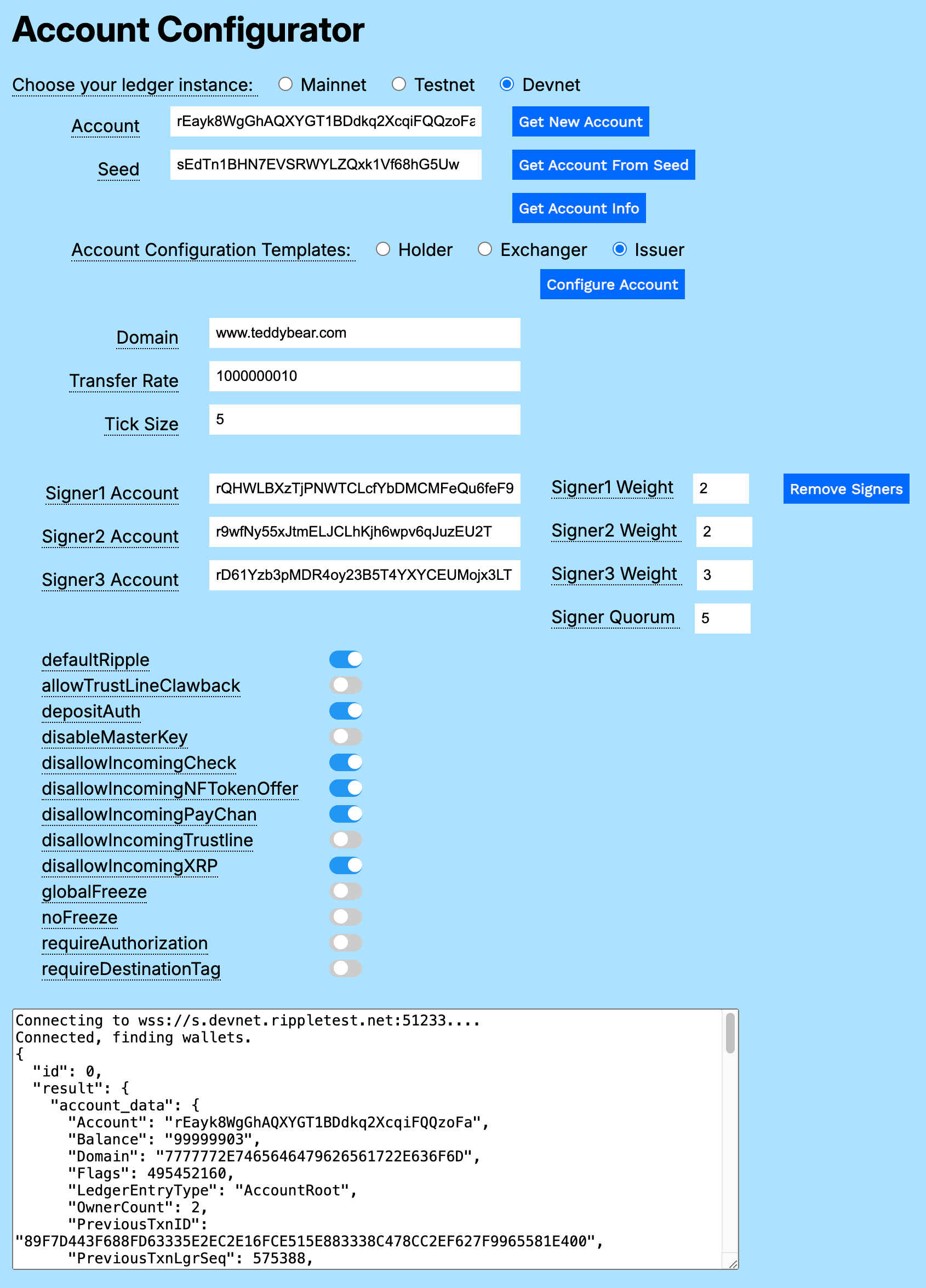 Account Configurator Issuer Settings