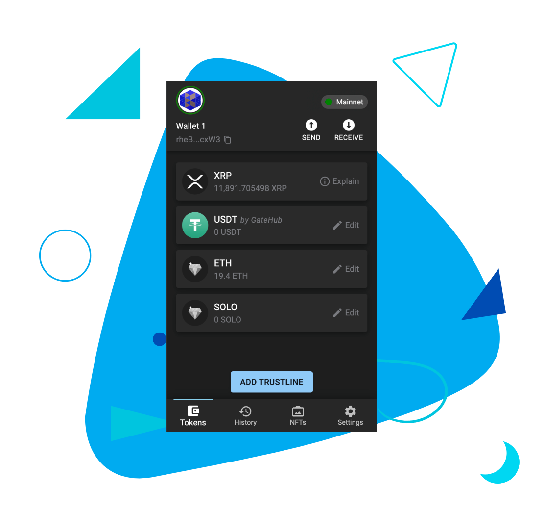 Screenshot: GemWallet mobile interface showing a "Tokens" interface with balances of XRP, USDT, ETH, and SOLO