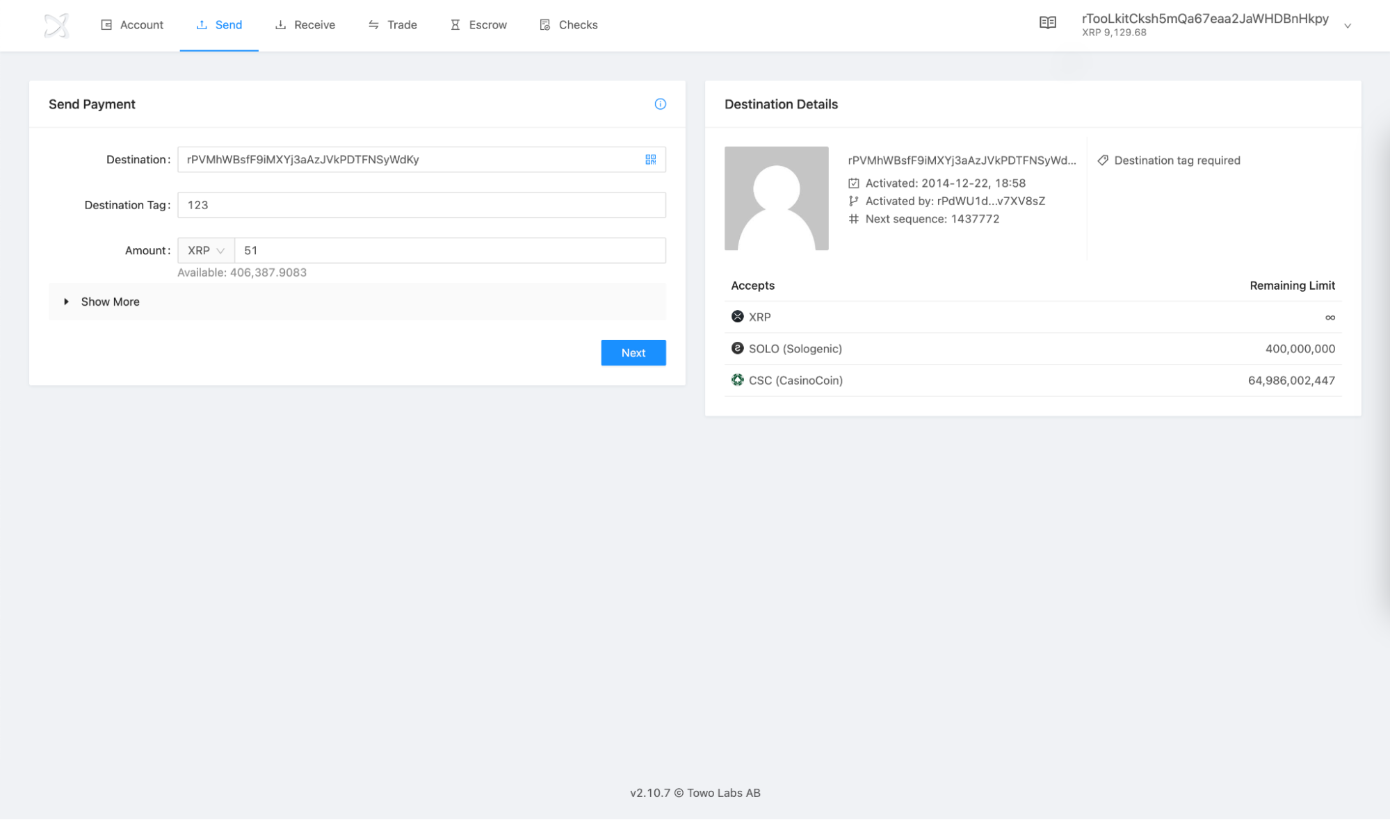 Screenshot: XRP Toolkit Send Payment tab