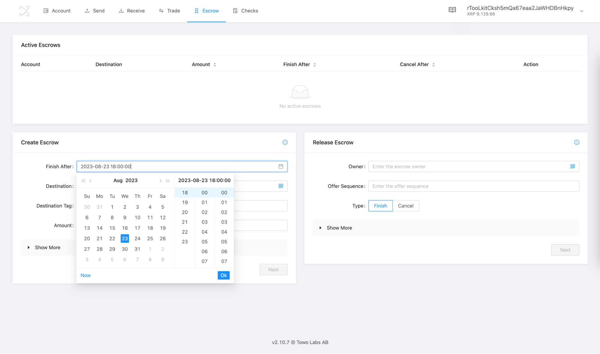 Screenshot: XRP Toolkit Escrow tab