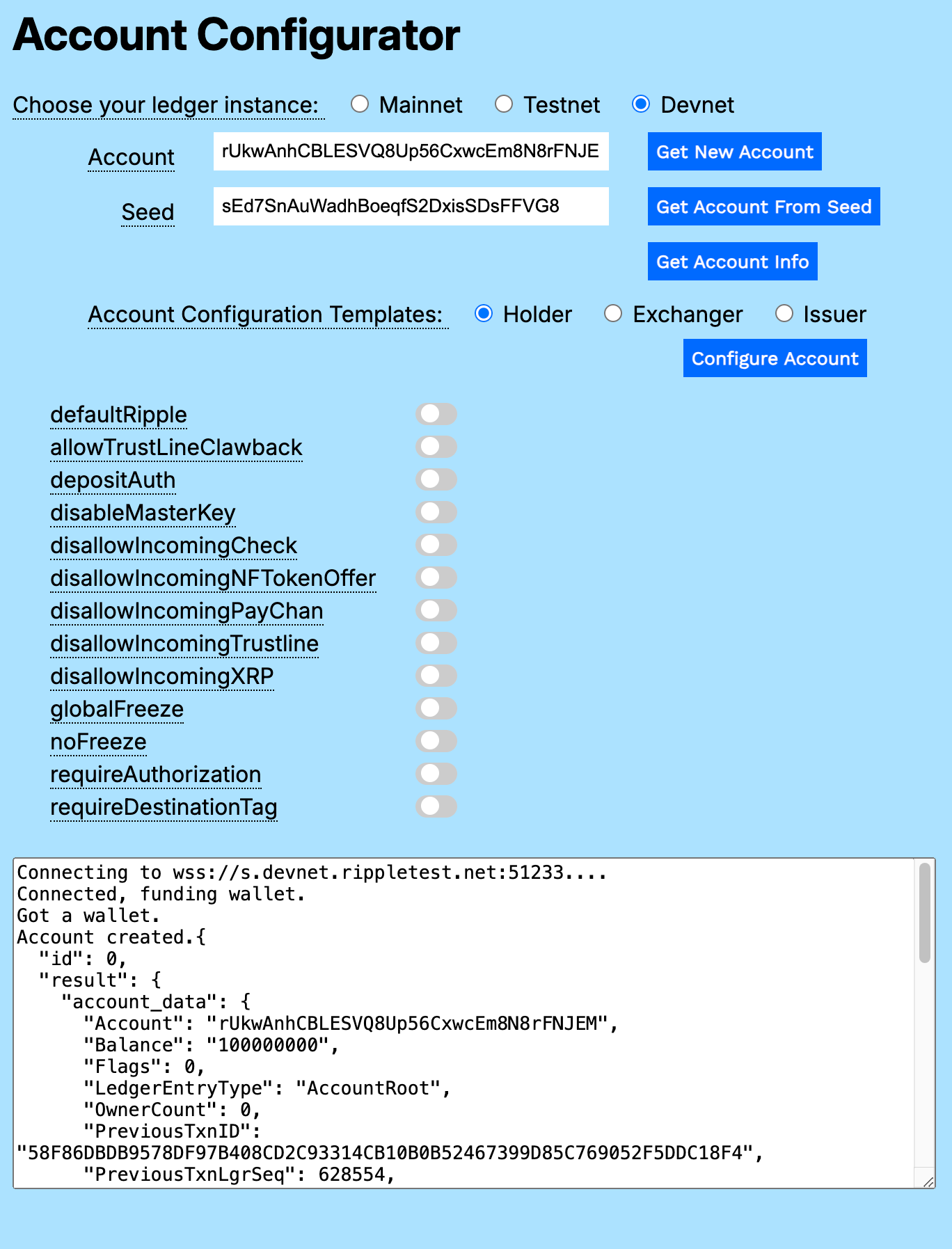 Account Configurator Holder Settings