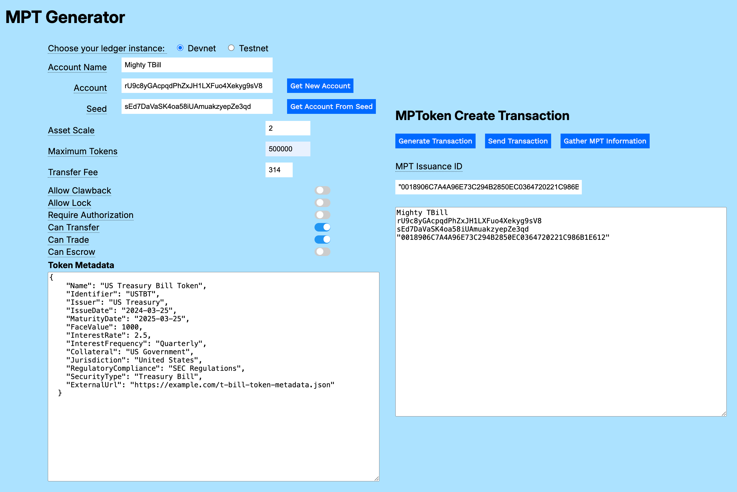 Account and MPT ID in the result field.