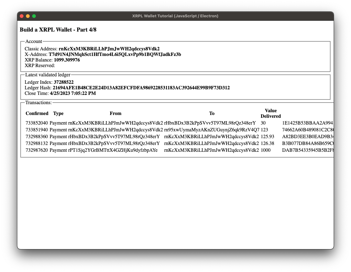Screenshot: Step 4, show transaction history