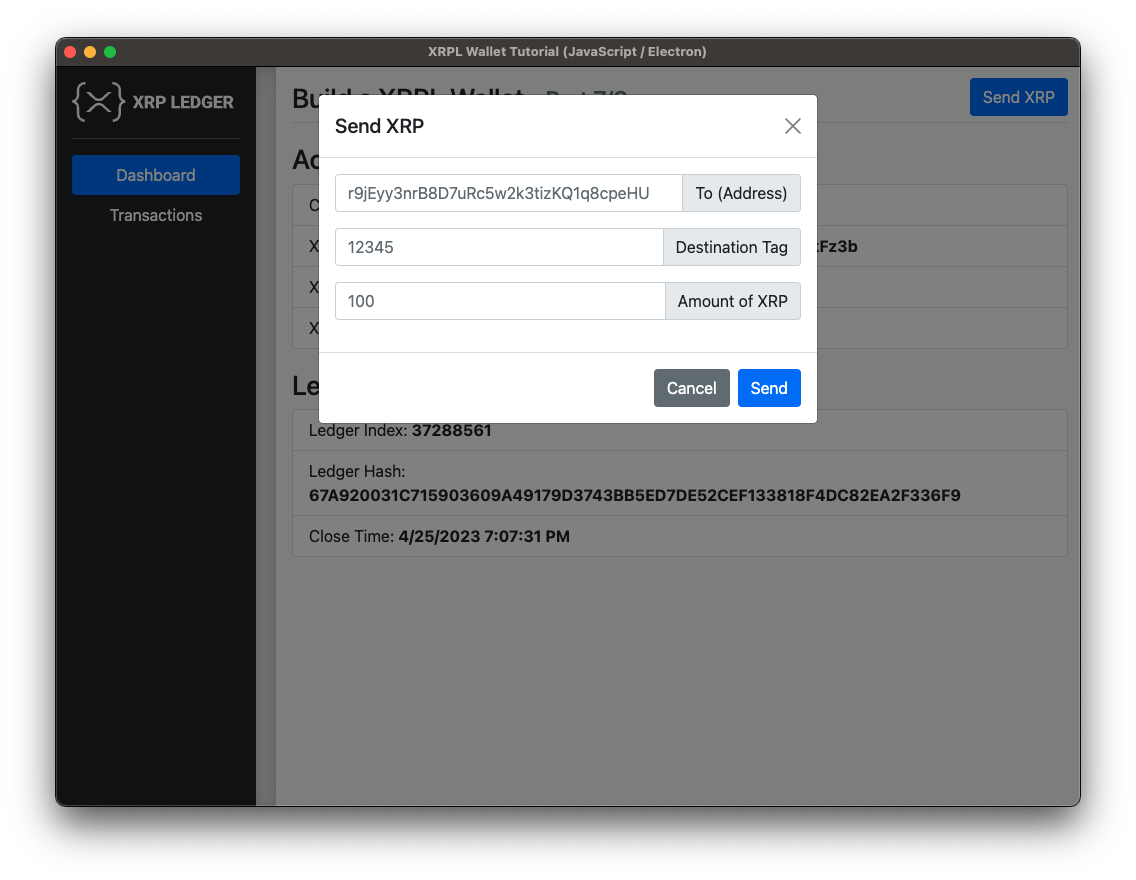Screenshot: Step 7, send xrp dialog