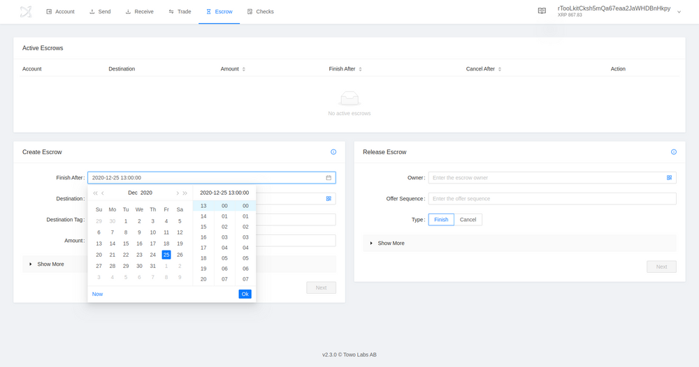 Screenshot: escrow tab