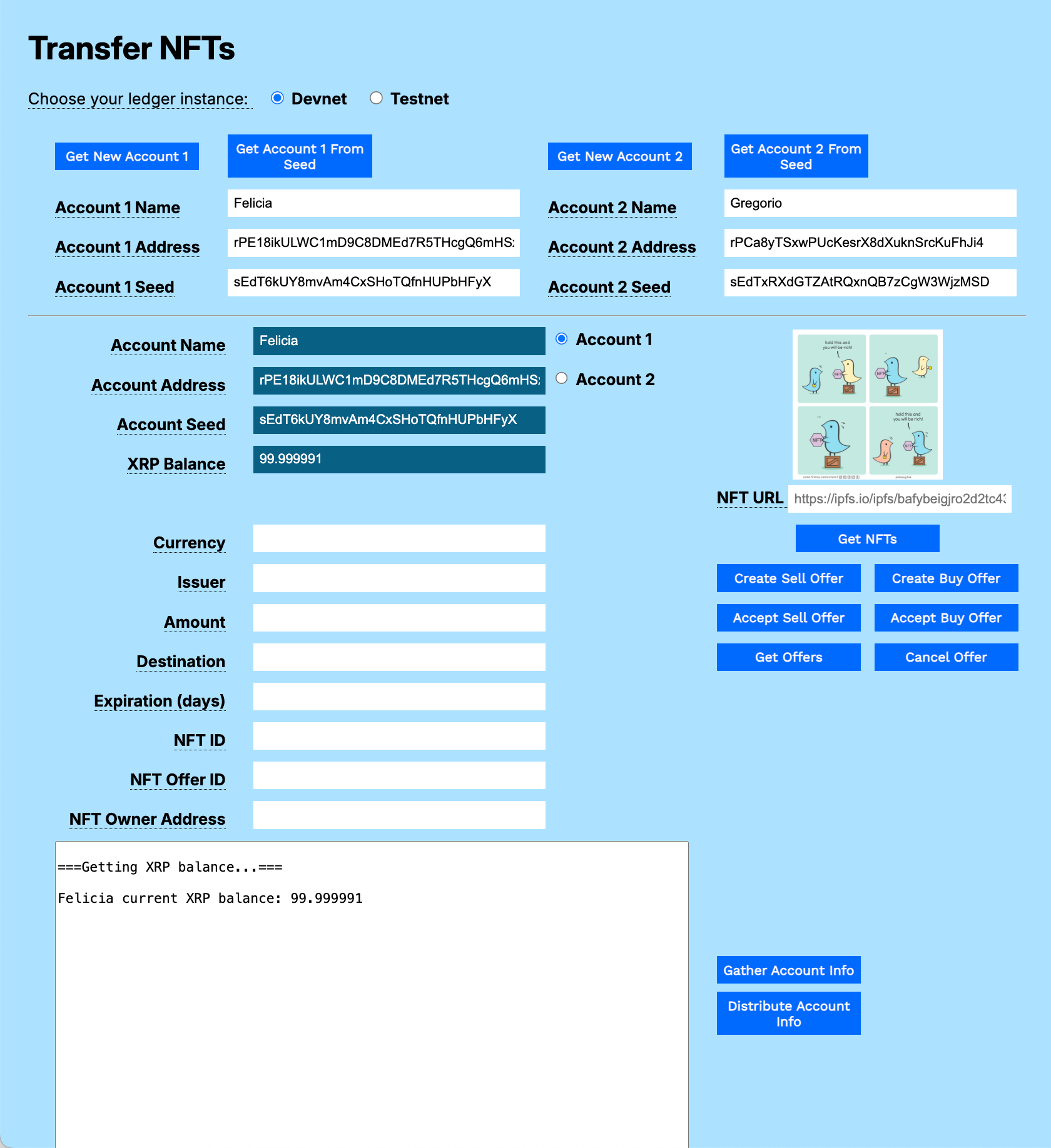 Form with account information