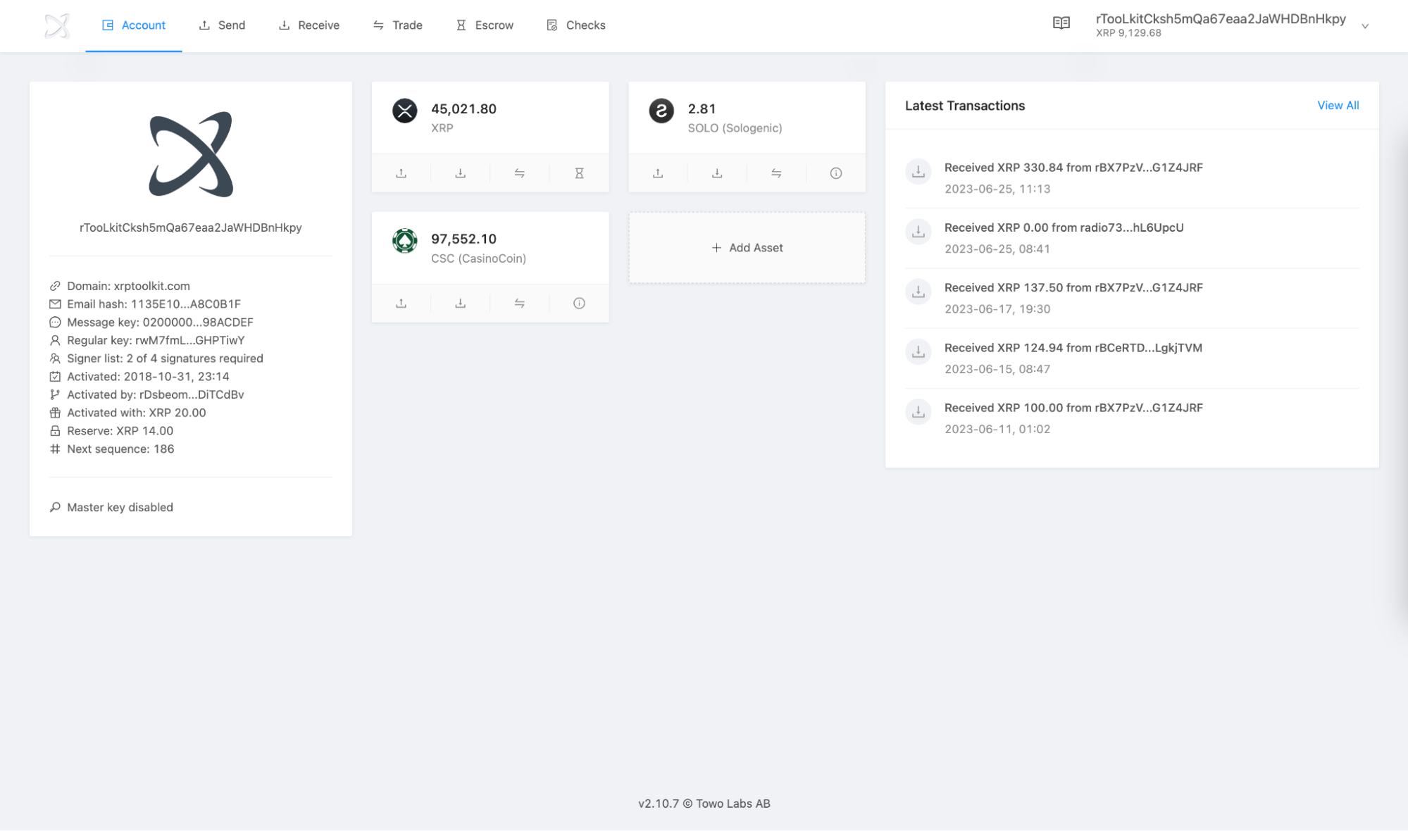 Screenshot: XRP Toolkit Account tab