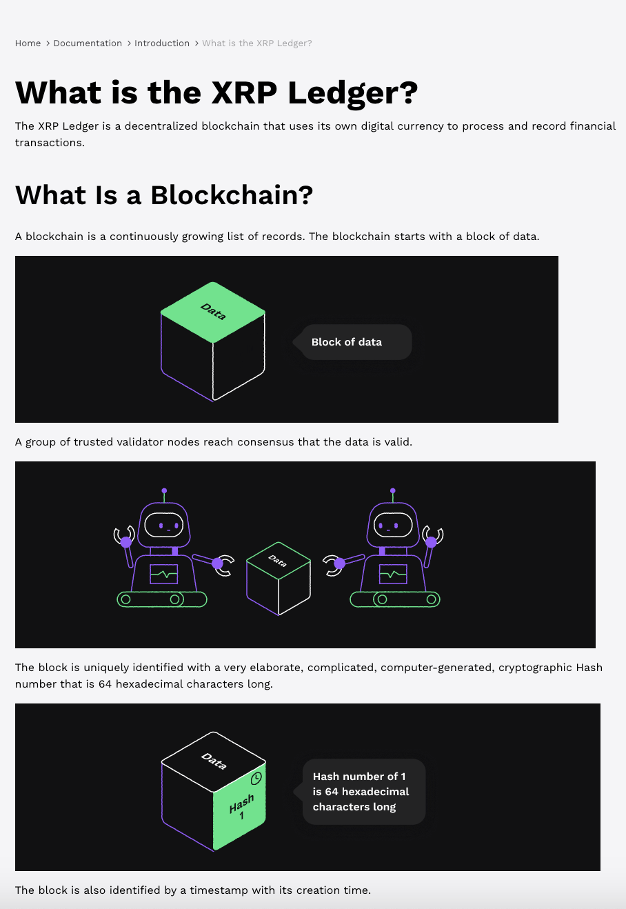 Screenshot of the What is the XRP Ledger page showing simplified text and new graphics on the page